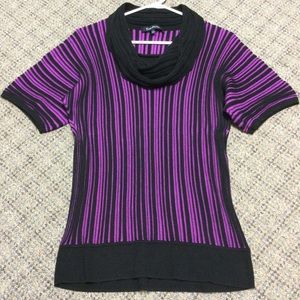 Evan Picone Cowl Neck Black Purple Fuchsia Ribbed Short Sleeve Sweater * Small